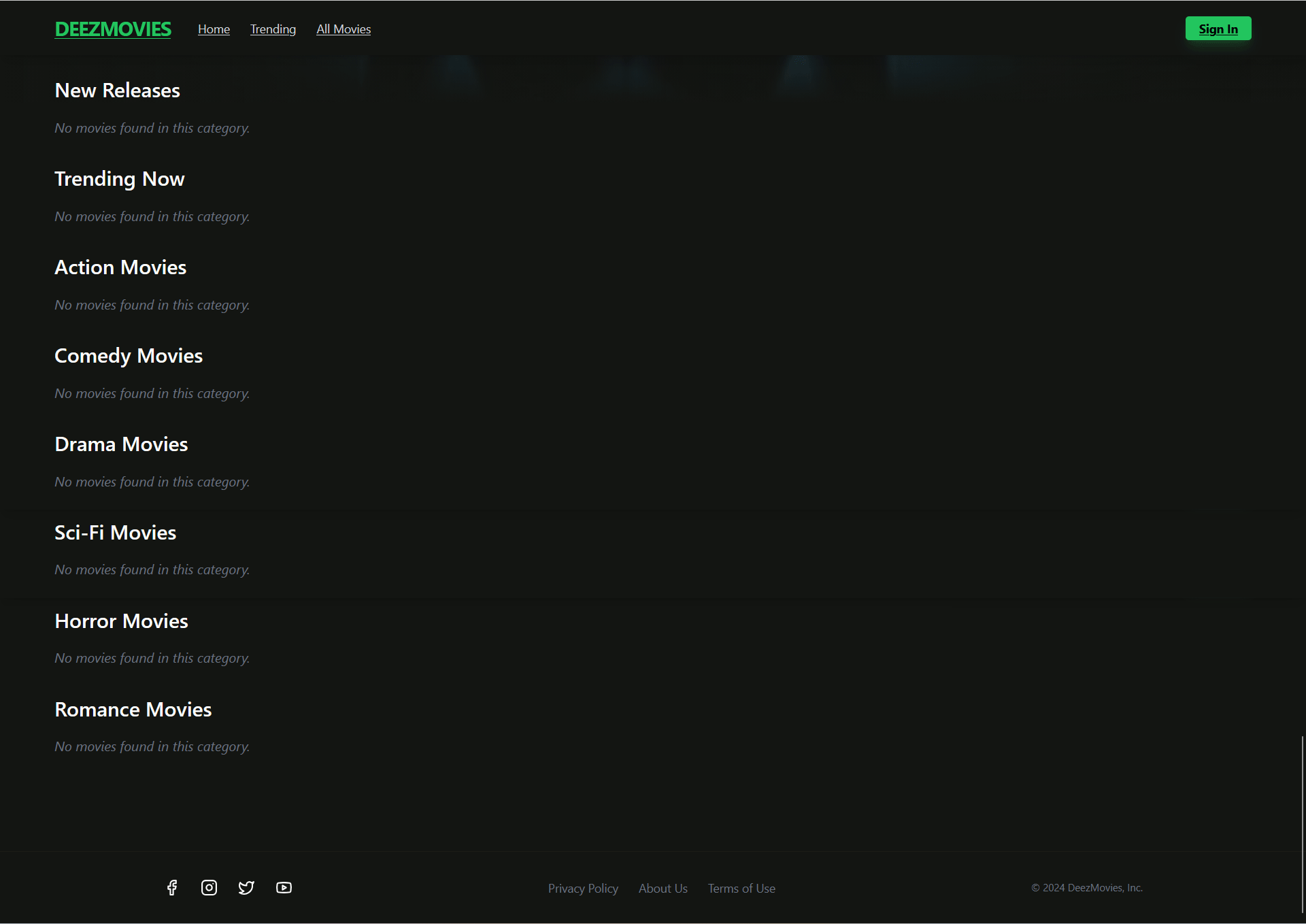 Screenshot of Deeze Movies website at launch